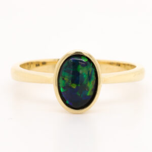 Blue and Green Yellow Gold Solid Australian Black Opal Engagement Ring