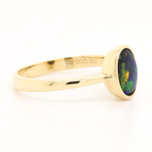 Blue and Green Yellow Gold Solid Australian Black Opal Engagement Ring