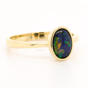 Blue and Green Yellow Gold Solid Australian Black Opal Engagement Ring