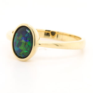 Blue and Green Yellow Gold Solid Australian Black Opal Engagement Ring
