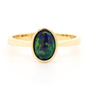 Blue and Green Yellow Gold Solid Australian Black Opal Engagement Ring