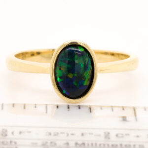 Blue and Green Yellow Gold Solid Australian Black Opal Engagement Ring