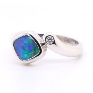 Blue and Green White Gold Solid Australian Boulder Opal Engagement Ring with Diamond