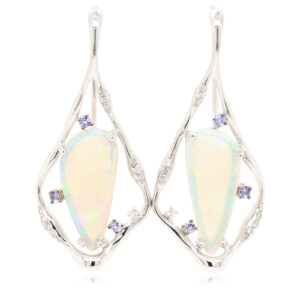 Blue Green Orange White Gold Solid Australian Crystal Opal Diamond and Topaz Drop Earrings