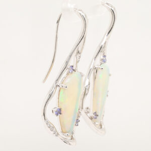 Blue Green Orange White Gold Solid Australian Crystal Opal Diamond and Topaz Drop Earrings