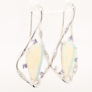 Blue Green Orange White Gold Solid Australian Crystal Opal Diamond and Topaz Drop Earrings