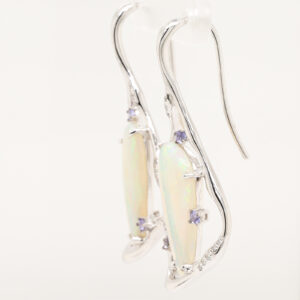 Blue Green Orange White Gold Solid Australian Crystal Opal Diamond and Topaz Drop Earrings