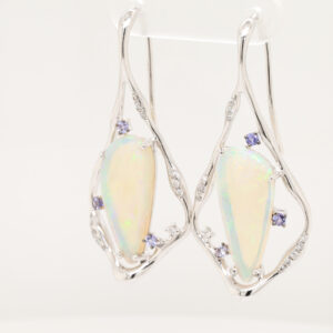 Blue Green Orange White Gold Solid Australian Crystal Opal Diamond and Topaz Drop Earrings