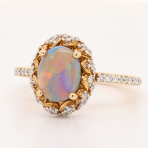 Blue Red Rose Gold Solid Australian Semi Black Opal Engagement Ring with Diamonds