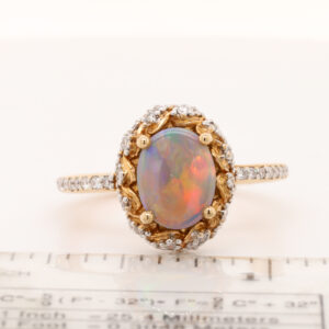 Blue Red Rose Gold Solid Australian Semi Black Opal Engagement Ring with Diamonds