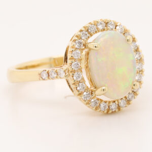 Blue Green and Orange Yellow Gold Solid Australian Crystal Opal Engagement Ring with Diamonds