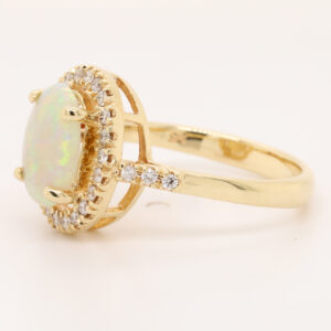 Blue Green and Orange Yellow Gold Solid Australian Crystal Opal Engagement Ring with Diamonds