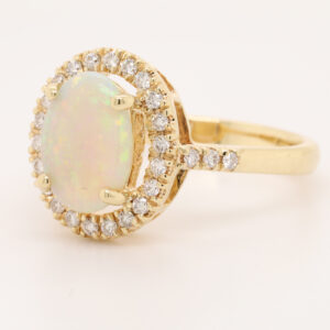 Blue Green and Orange Yellow Gold Solid Australian Crystal Opal Engagement Ring with Diamonds