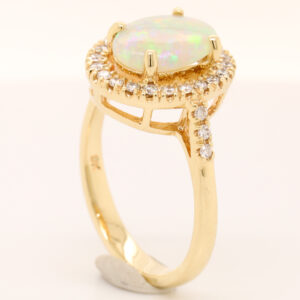 Blue Green and Orange Yellow Gold Solid Australian Crystal Opal Engagement Ring with Diamonds