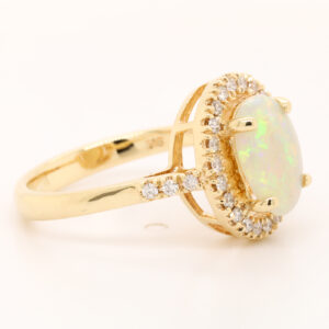 Blue Green and Orange Yellow Gold Solid Australian Crystal Opal Engagement Ring with Diamonds