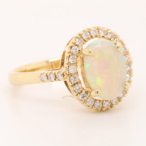 Blue Green and Orange Yellow Gold Solid Australian Crystal Opal Engagement Ring with Diamonds