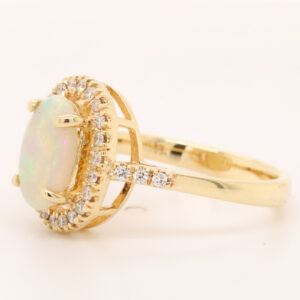 Blue Green and Orange Yellow Gold Solid Australian Crystal Opal Engagement Ring with Diamonds