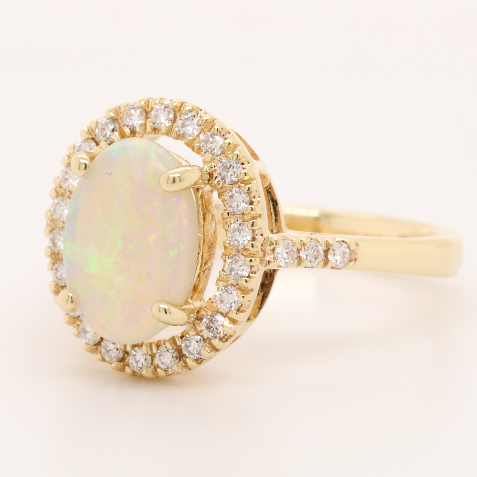 Blue Green and Orange Yellow Gold Solid Australian Crystal Opal Engagement Ring with Diamonds
