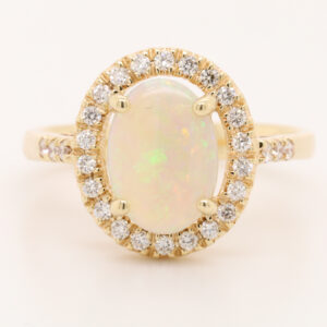 Blue Green and Orange Yellow Gold Solid Australian Crystal Opal Engagement Ring with Diamonds