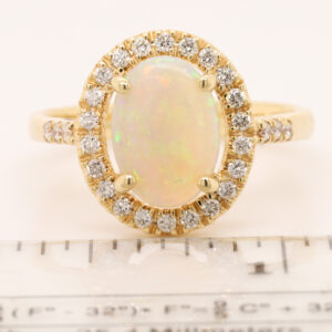 Blue Green and Orange Yellow Gold Solid Australian Crystal Opal Engagement Ring with Diamonds