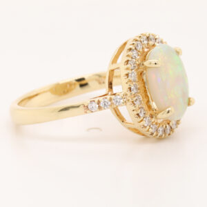 Blue Green and Orange Yellow Gold Solid Australian Crystal Opal Engagement Ring with Diamonds