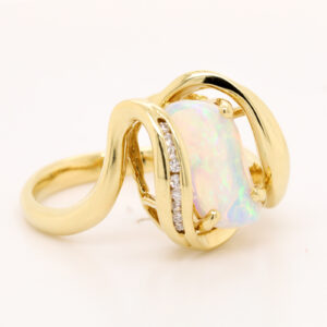 Blue Green and Orange Yellow Gold Solid Australian Crystal Opal Ring Engagement Ring with Diamonds