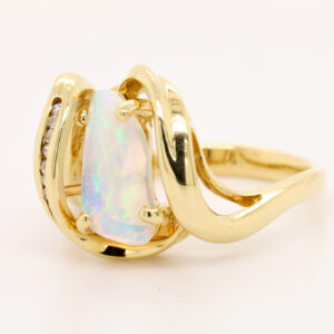 Blue Green and Orange Yellow Gold Solid Australian Crystal Opal Ring Engagement Ring with Diamonds