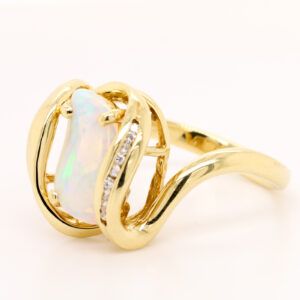 Blue Green and Orange Yellow Gold Solid Australian Crystal Opal Ring Engagement Ring with Diamonds