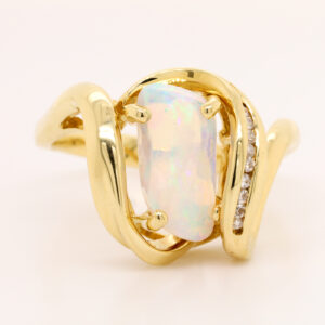 Blue Green and Orange Yellow Gold Solid Australian Crystal Opal Ring Engagement Ring with Diamonds