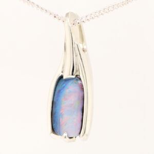 White Gold Blue Pink Solid Australian Boulder Opal Necklace Pendant