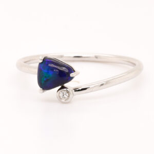 Blue and Green White Gold Solid Australian Black Opal Ring with Diamond