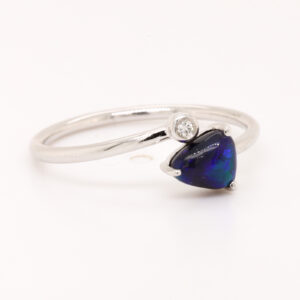 Blue and Green White Gold Solid Australian Black Opal Ring with Diamond