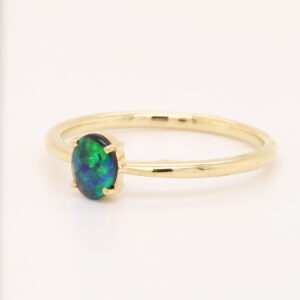 Blue and Green Yellow Gold Solid Australian Black Opal Ring