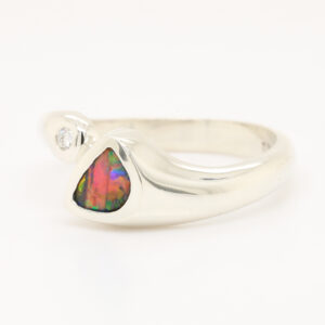 Red Blue and Green White Gold Solid Australian Boulder Opal Engagement Ring with Diamond