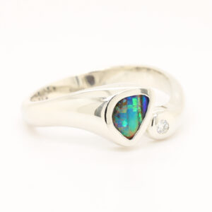 Red Blue and Green White Gold Solid Australian Boulder Opal Engagement Ring with Diamond