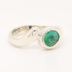 Orange and Green White Gold Solid Australian Black Opal Engagement Ring with Diamond