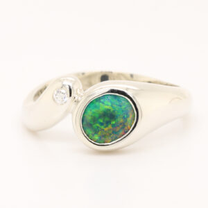 Orange and Green White Gold Solid Australian Black Opal Engagement Ring with Diamond
