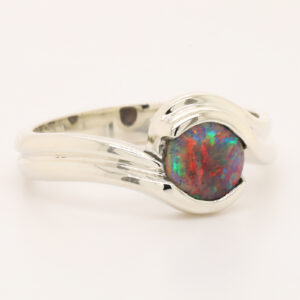 Red and Green White Gold Solid Australian Black Opal Engagement Ring