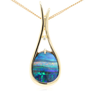 Yellow Gold Blue Green Red Solid Australian Boulder Opal Diamond Necklace Pendant