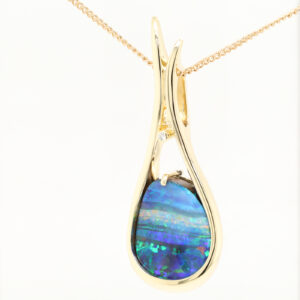 Yellow Gold Blue Green Red Solid Australian Boulder Opal Diamond Necklace Pendant