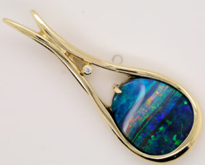 Yellow Gold Blue Green Red Solid Australian Boulder Opal Diamond Necklace Pendant