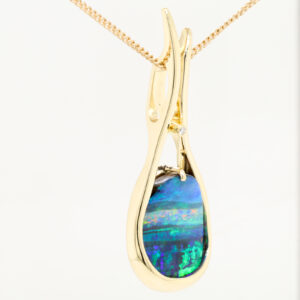 Yellow Gold Blue Green Red Solid Australian Boulder Opal Diamond Necklace Pendant