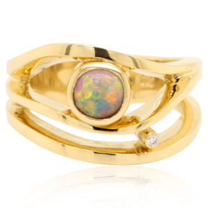 Red Orange and Green Yellow Gold Solid Australian Black Opal Engagement Ring with Diamonds