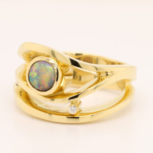 Red Orange and Green Yellow Gold Solid Australian Black Opal Engagement Ring with Diamonds