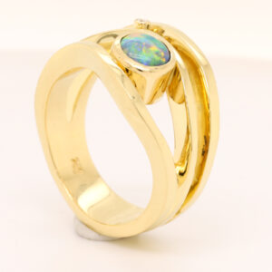 Red Orange and Green Yellow Gold Solid Australian Black Opal Engagement Ring with Diamonds