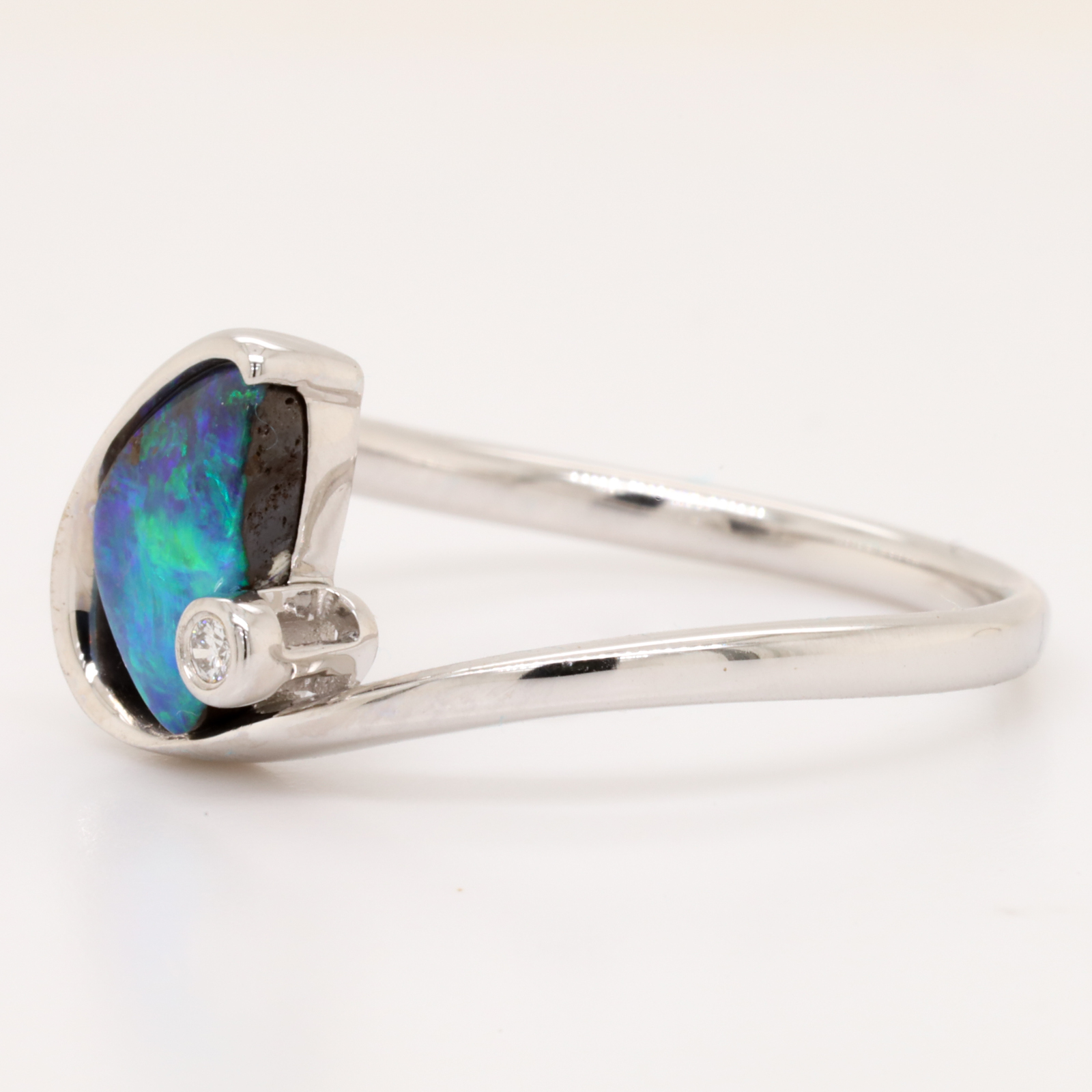 Blue and Green White Gold Solid Australian Boulder Opal Engagement Ring with Diamond