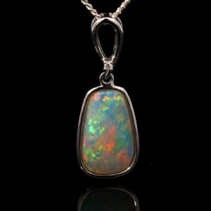 White Gold Blue Orange Red Green Solid Australian Crystal Opal and Diamond Pendant Necklace