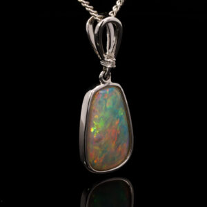White Gold Blue Orange Red Green Solid Australian Crystal Opal and Diamond Pendant Necklace