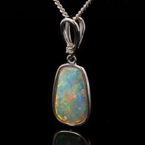 White Gold Blue Orange Red Green Solid Australian Crystal Opal and Diamond Pendant Necklace