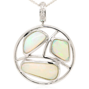 White Gold Pink Blue Green Solid Australian Crystal Opal Diamond Necklace Pendant